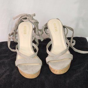 Guess Treacy Lace Up Wedge Sandal Gray Faux Suede Size 10 M, #385357